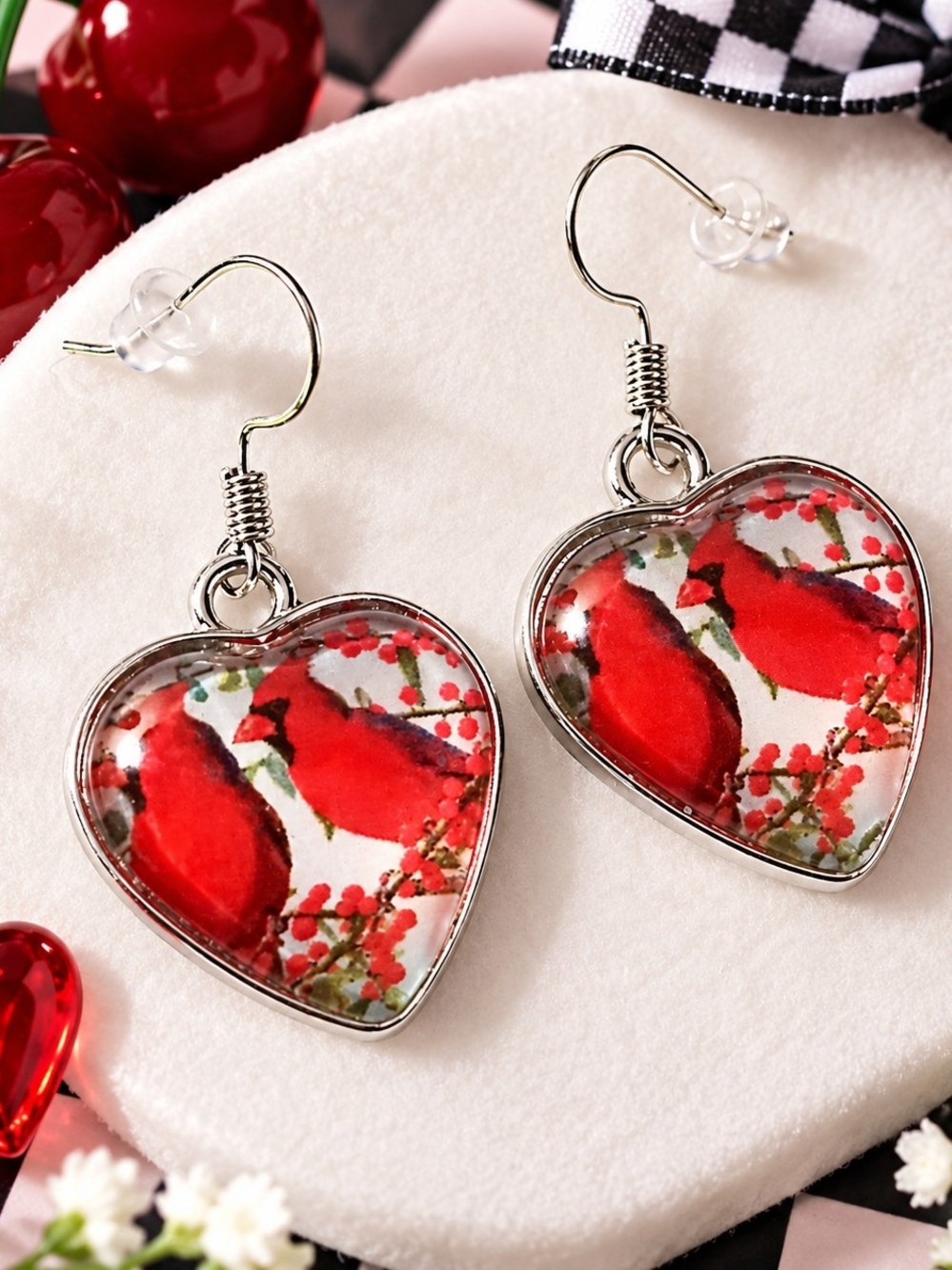 Heart Drop Earrings with Red Cardinal Print